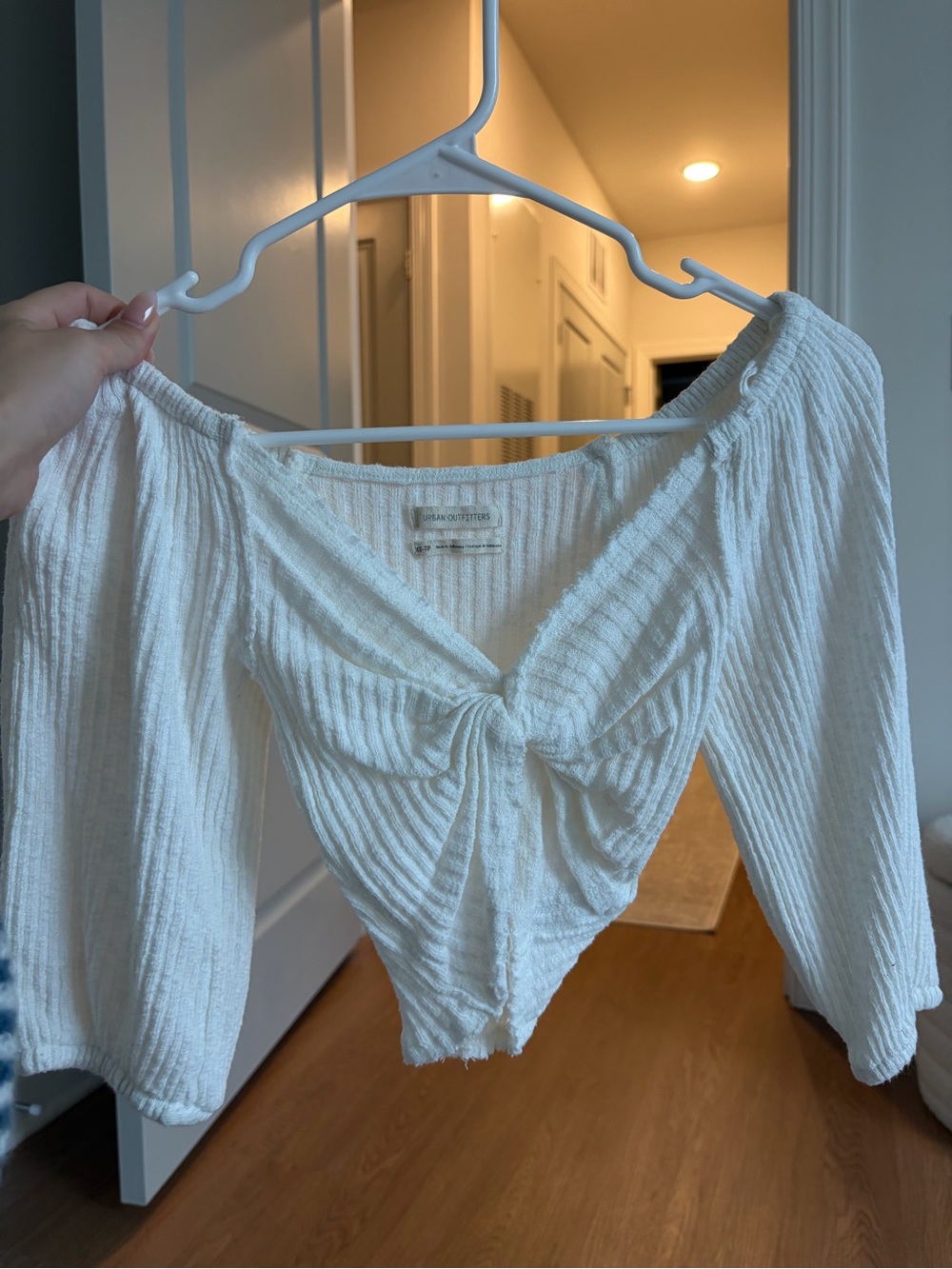 Urban Outfitters Cream Ribbed Twist-Front Off-Shoulder Crop Top